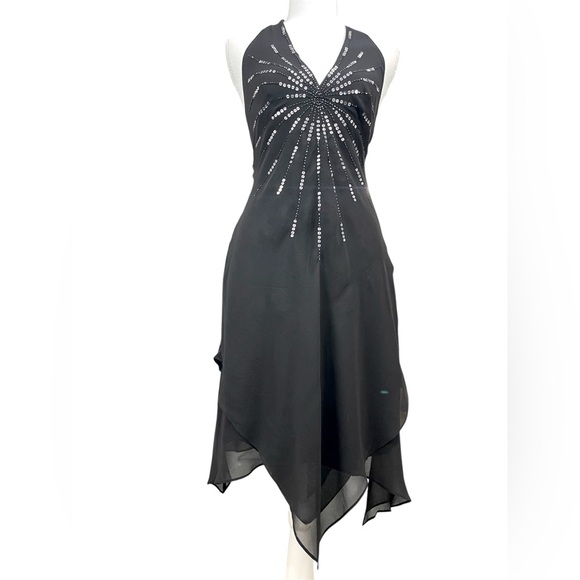 Y2K BCBGMAXAZRIA Asymmetric Silk Midi Beaded Babydoll Dress Fairy Whimsigoth - Picture 7 of 12